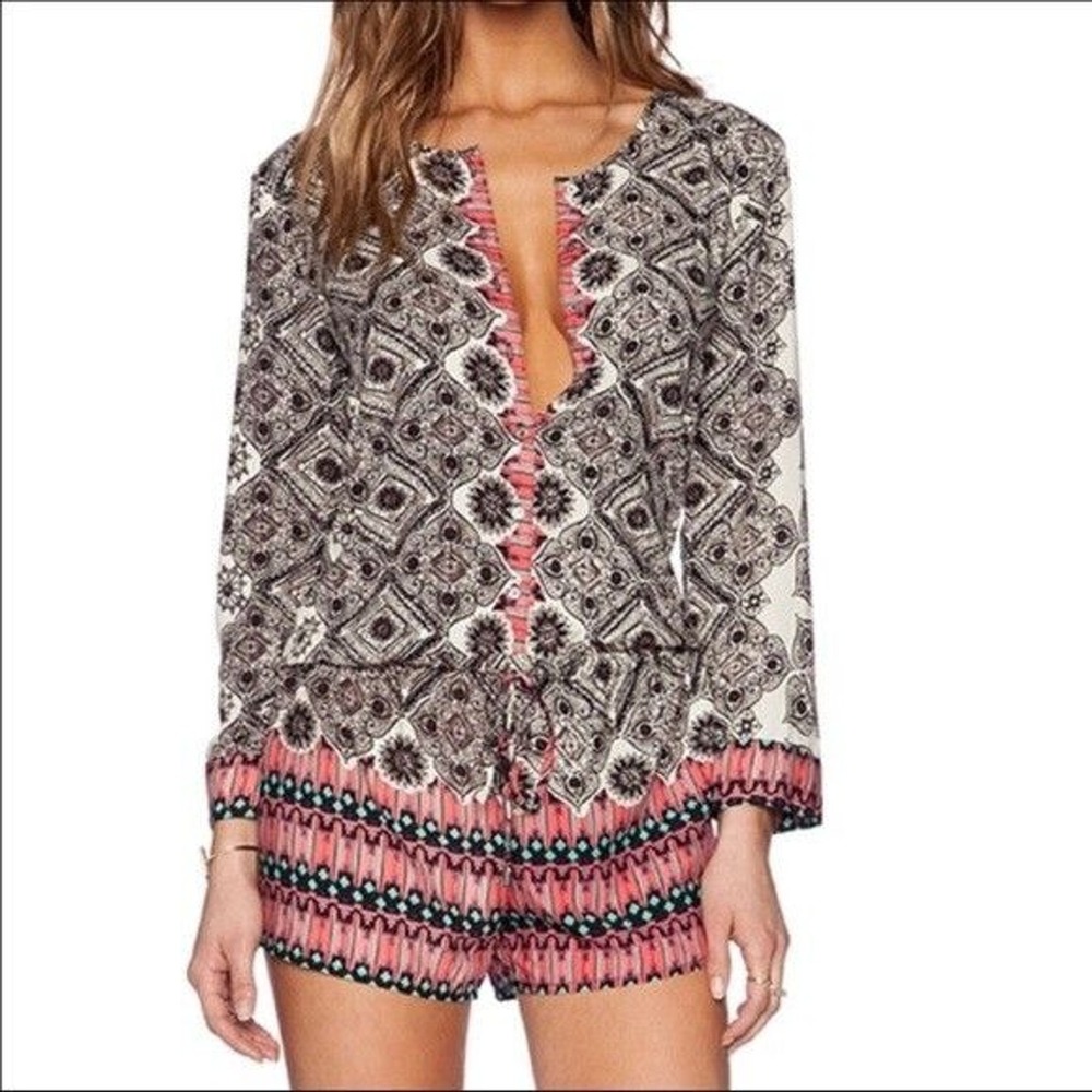 Michael Star Romper Women S Black Pink Tribal Shorts Coverall Long Slv Bohemian